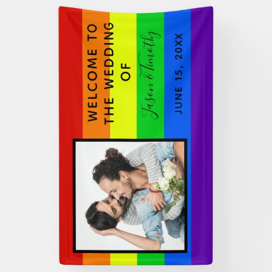 Rainbow Striped Foto LGBTQ Welkom bij ons huwelijk Spandoek (Verticaal)