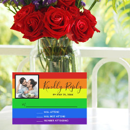Rainbow Striped LGBTQ Couple Photo Gay Wedding RSVP Kaartje