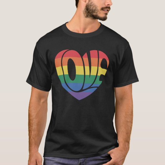 Rainbow Striped Love Heart Gay Pride T-shirt (Voorkant)