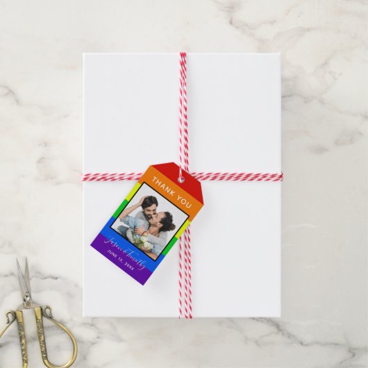 Rainbow Striped Photo LGBTQ Couple Wedding Cadeaulabel (Met Touw)