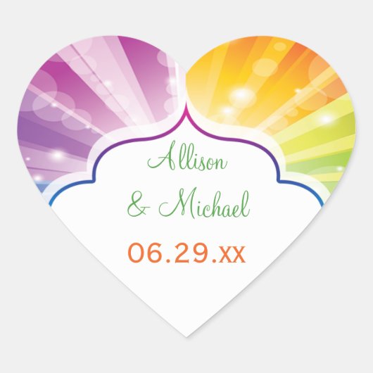Rainbow Striped Sunburst Wedding Favor Sticker (Voorkant)