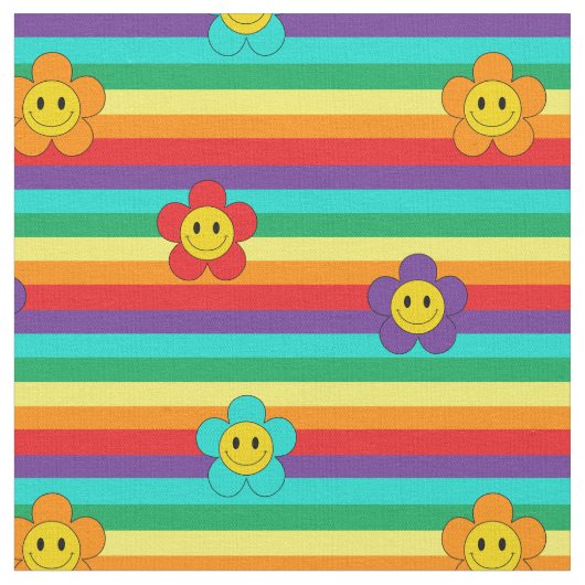 Rainbow Stripes and Hippie Flowers Pattern Stof (Close Up)