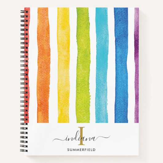 Rainbow Stripes Monogram Script Naam Notitieboek (Voorkant)