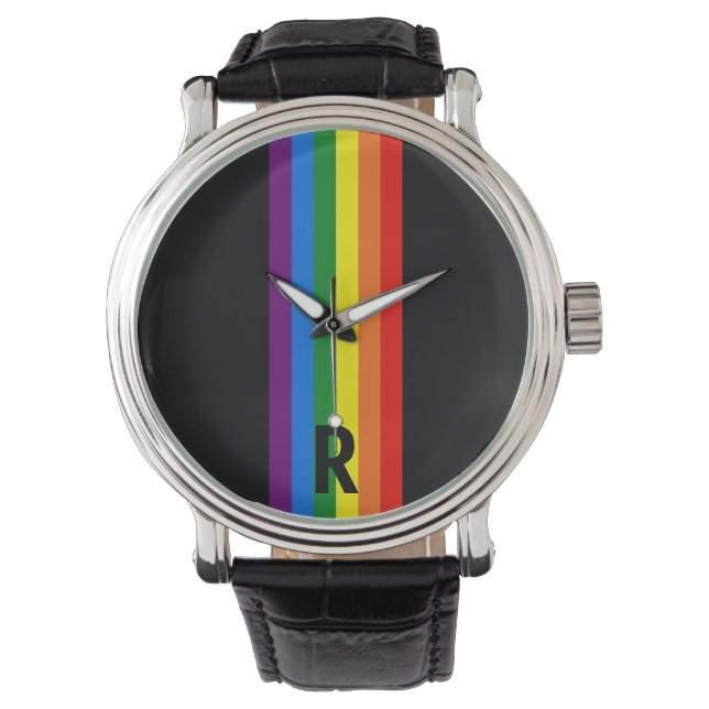 Rainbow Stripes op Black Gay Pride gepersonaliseer Horloge (Voorkant)