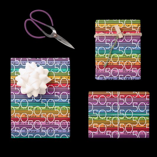 Rainbow Stripes Typografie 50e verjaardag Inpakpapier Vel