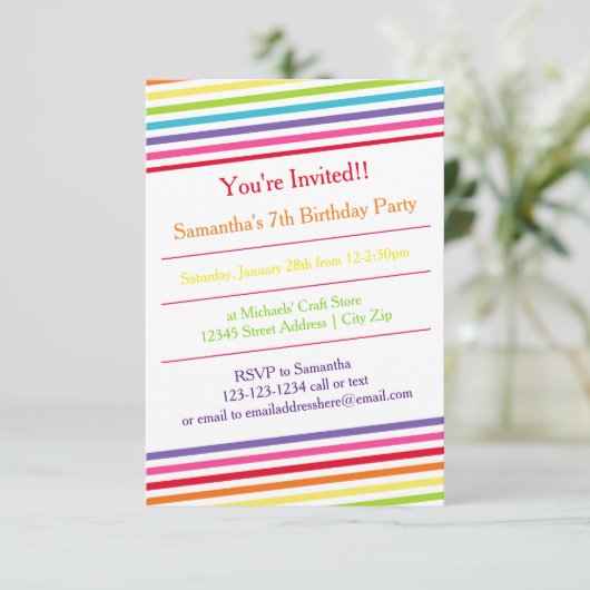 Rainbow Stripes Verjaardagsfeest - 3x5 Uitnodiging (Staand voorkant)