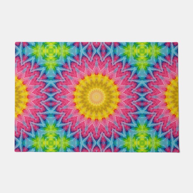 Rainbow Stropdas-Dye Mandala met levendige symmetr Deurmat (Voorkant)