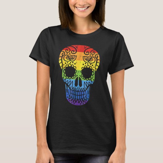 Rainbow Sugar Skull Dag van de Dode LGBT Gay Pride T-shirt (Voorkant)
