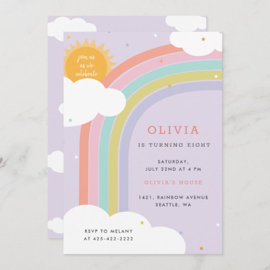 Rainbow, Sun and Clouds Kind, jarig Paars Kaart (Voorkant / Achterkant)