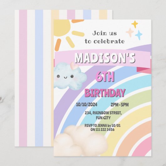 Rainbow Sun Cloud Kinder meisje Schattige Kawaii V Kaart (Voorkant / Achterkant)