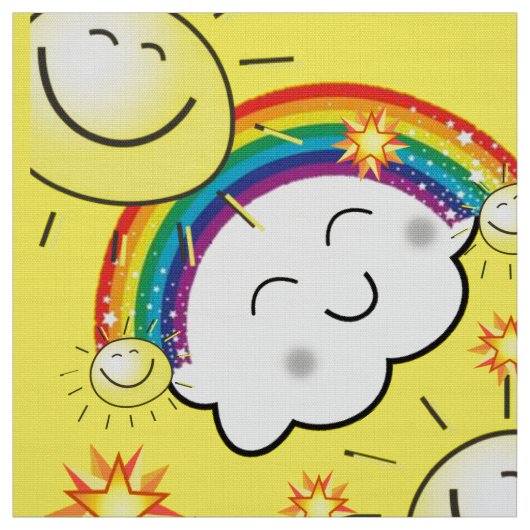 Rainbow Sun Clouds Yellow Fabric Stof (Swatch)