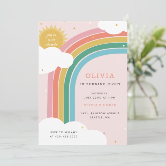 Rainbow, Sun en Clouds Kind, verjaardag Bright Roz Kaart (Staand voorkant)