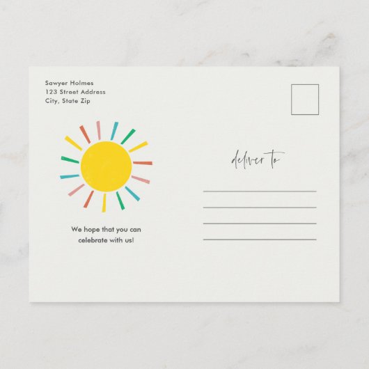 Rainbow Sun Script Kids Birthday Party Uitnodiging Briefkaart (Achterkant)