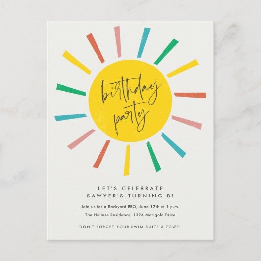 Rainbow Sun Script Kids Birthday Party Uitnodiging Briefkaart (Voorkant)