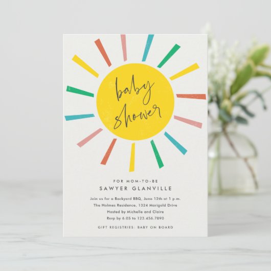 Rainbow Sun Script Modern Baby shower Kaart (Staand voorkant)