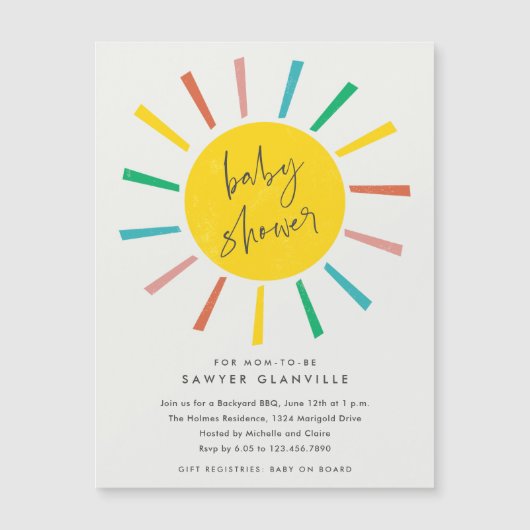 Rainbow Sun Script Modern Baby shower Magnetische Uitnodiging (Voorkant)