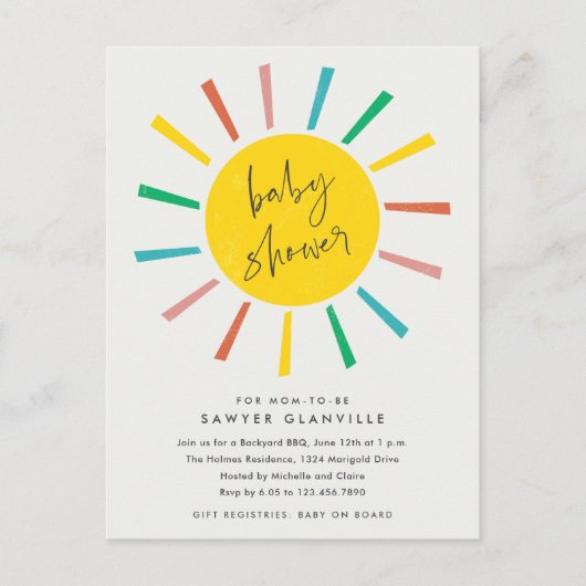 Rainbow Sun Script Modern Baby shower Uitnodiging Briefkaart (Voorkant)