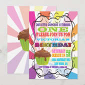 Rainbow Sunburst Cupcake Birthday Party Invitation Kaart (Voorkant / Achterkant)