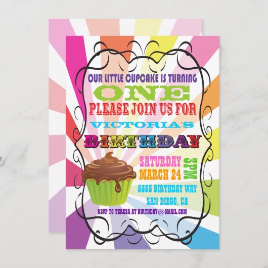 Rainbow Sunburst Cupcake Birthday Party Invitation Kaart (Voorkant / Achterkant)