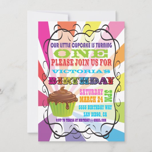 Rainbow Sunburst Cupcake Birthday Party Invitation Kaart (Voorkant)