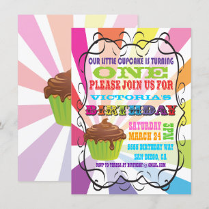 Rainbow Sunburst Cupcake Birthday Party Invitation Kaart
