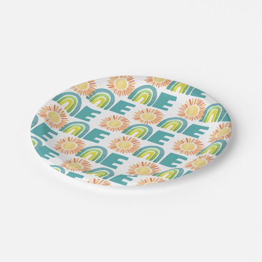 Rainbow & Suns Blue 1st Birthday Waterverf Papieren Bordje (Gekanteld)