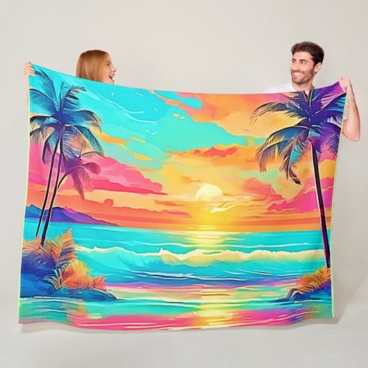 Rainbow Sunset Beach Fleece Deken (In situ)