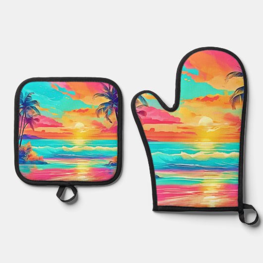 Rainbow Sunset Beach Ovenwant & Pannenlap Set (Voorkant)