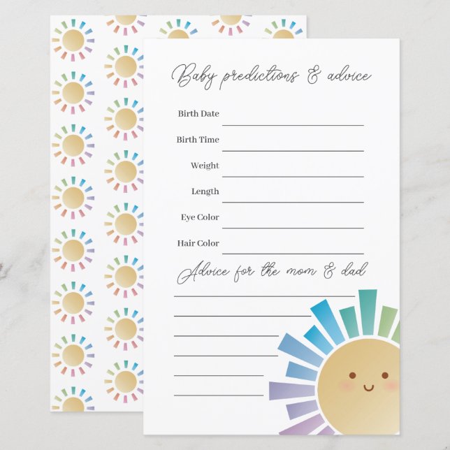 Rainbow Sunshine Baby shower Guessing spel (Voorkant / Achterkant)