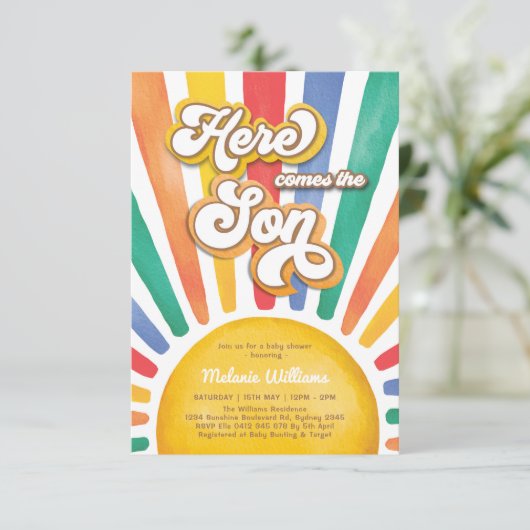 Rainbow Sunshine Baby shower Hier komt de zoon Kaart (Staand voorkant)