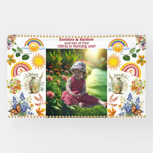 Rainbow Sunshine Green Spring Garden 1e verjaardag Spandoek (Horizontaal)