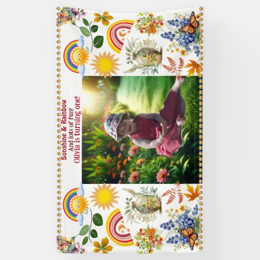 Rainbow Sunshine Green Spring Garden 1e verjaardag Spandoek (Verticaal)