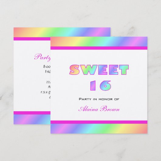 Rainbow Sweet 16 Party Invitation Kaart (Voorkant / Achterkant)