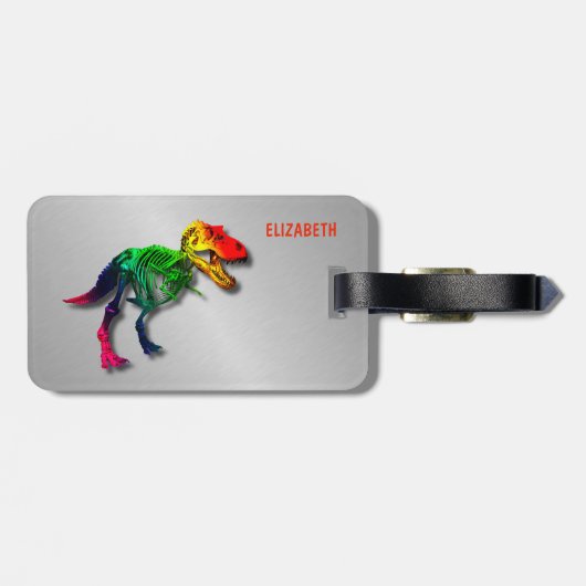 Rainbow T rex Funny Fossil met Jouw naam Bagagelabel (Achterkant horizontaal)