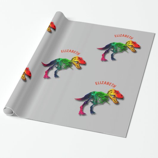 Rainbow T rex Funny Fossil met Jouw naam Cadeaupapier (Uitgerold)