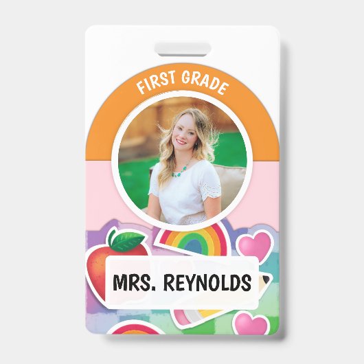 Rainbow Teacher Name Tag Foto ID Badge (Voorkant)