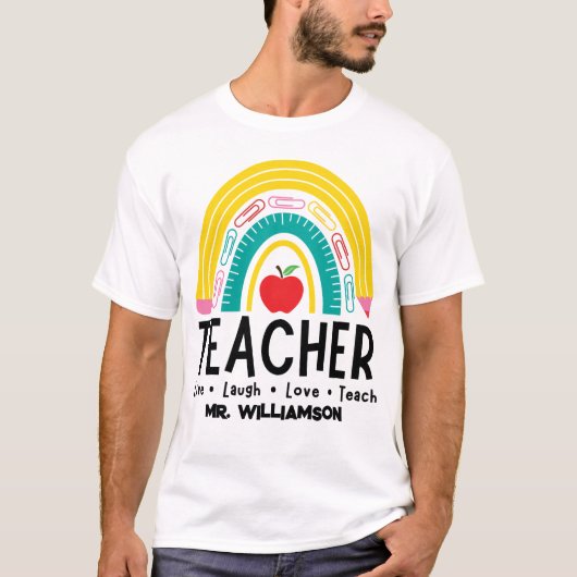 Rainbow Teacher schoolbenodigdheden T-shirt (Voorkant)