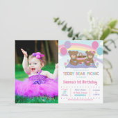 Rainbow Teddy Bear Picnic 1e verjaardag Girl Foto Kaart (Staand voorkant)