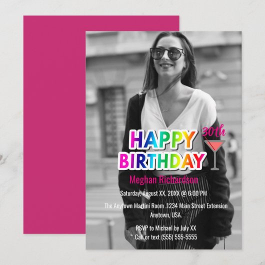 Rainbow Text and Martini Photo Birthday Party Kaart (Voorkant / Achterkant)