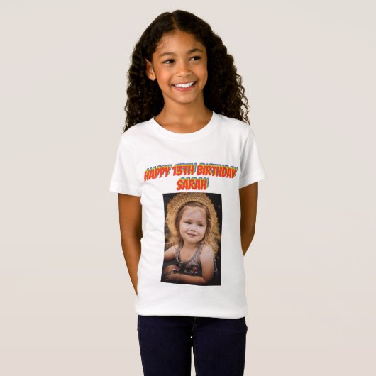 Rainbow Text Birthday Foto T-Shirt (Voorkant volledig)