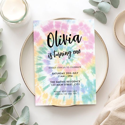 Rainbow Tie Dye 1e Verjaardag Uitnodiging