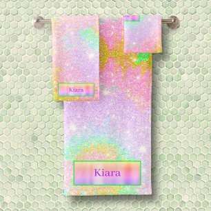 Rainbow Tie Dye Glitter Custom Name Bath Towel Set Bad Handdoek