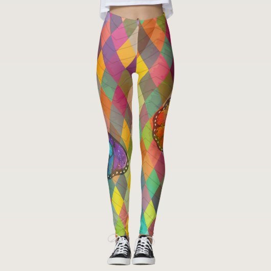 Rainbow Tie Dye Harlequin Herringbone & Butterfly Leggings (Voorkant)