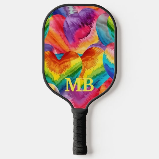 Rainbow Tie Dye Hearts Monogram Pickleball Paddle (Voorkant)