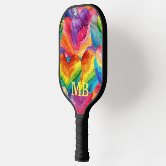 Rainbow Tie Dye Hearts Monogram Pickleball Paddle (Links)