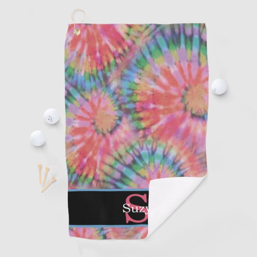 Rainbow Tie Dye Hippie Pattern Initiaal Monogram Golfhanddoek (Insitu)