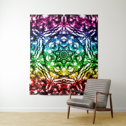 Rainbow Tie Dye Mandala Star Retro Wandkleed (In situ)