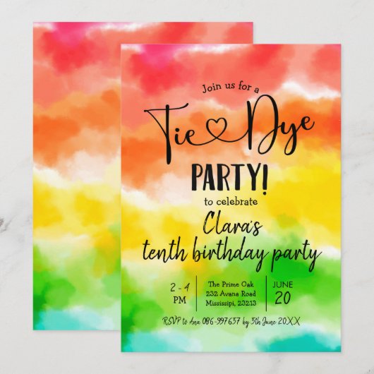 Rainbow Tie Dye Party Birthday Invitation Kaart (Voorkant / Achterkant)