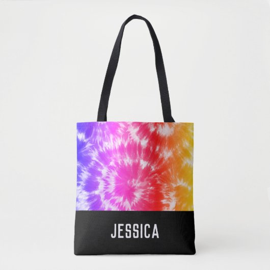 Rainbow Tie Dye Psychedelic Custom Name Tote Bag (Voorkant)