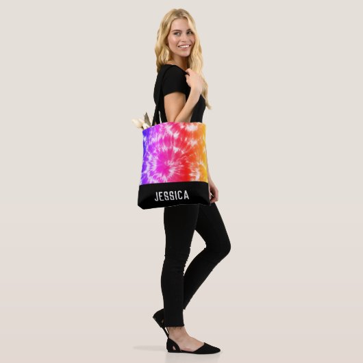 Rainbow Tie Dye Psychedelic Custom Name Tote Bag (Op model)